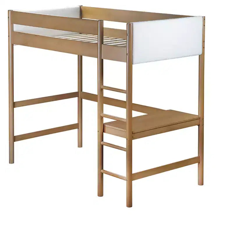 Twin Loft Bed with Desk, Teddy Boucle Upholstered Headboard & Footboard, Rubberwood Frame, Ladder & Safety Guardrails, Natural
