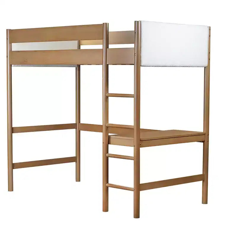 Twin Loft Bed with Desk, Teddy Boucle Upholstered Headboard & Footboard, Rubberwood Frame, Ladder & Safety Guardrails, Natural