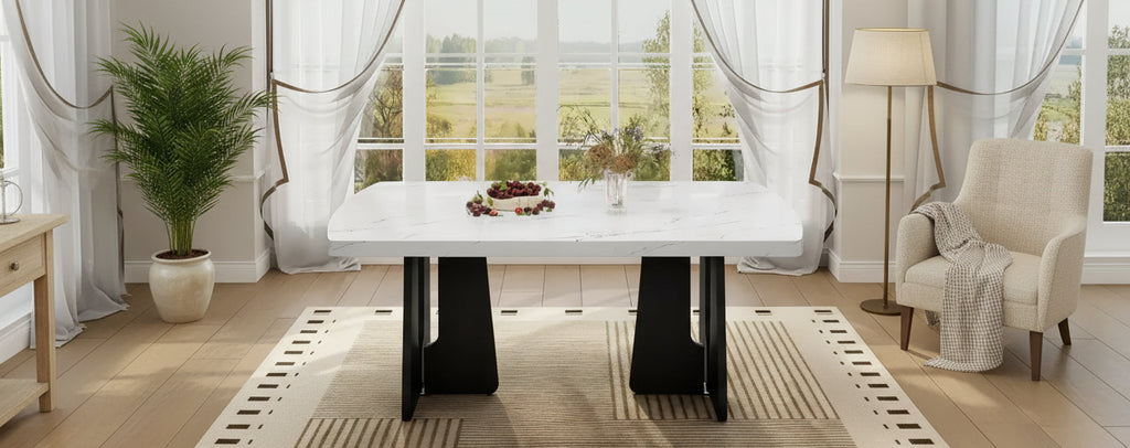 63 Modern Faux Marble Dining Table with Geometric Legs and Sturdy Construction
