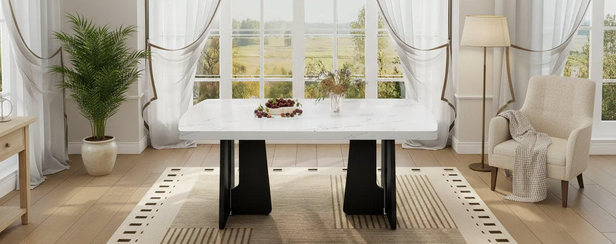 63 Modern Faux Marble Dining Table with Geometric Legs and Sturdy Construction