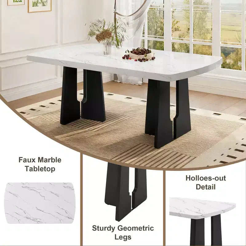 63 Modern Faux Marble Dining Table with Geometric Legs and Sturdy Construction