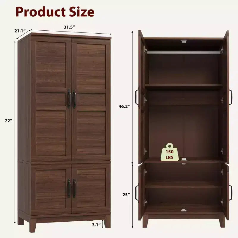 72 Freestanding Wooden Armoire,4-Door Wardrobe Closet with Hanging Rod & 18 Adjustable Shelves, Tall Storage Cabinet for Bedroom