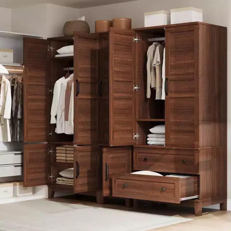 72 Freestanding Wooden Armoire,4-Door Wardrobe Closet with Hanging Rod & 18 Adjustable Shelves, Tall Storage Cabinet for Bedroom