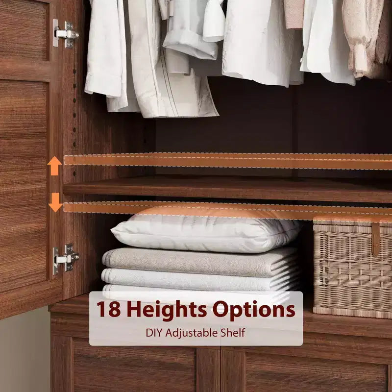 72 Freestanding Wooden Armoire,4-Door Wardrobe Closet with Hanging Rod & 18 Adjustable Shelves, Tall Storage Cabinet for Bedroom